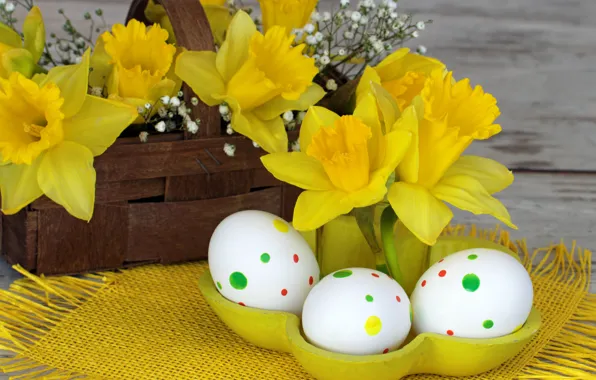 Flowers, holiday, Board, eggs, Easter, basket, napkin, daffodils