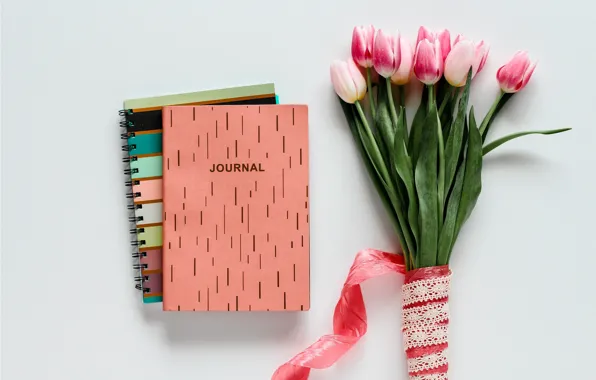 Flowers, bouquet, tape, tulips, pink, notebook, pink, romantic
