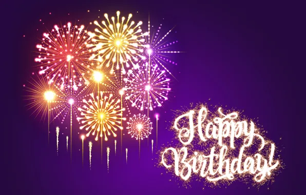 Salute, Happy Birthday, fireworks, purple, sparkle, Birthday, design by Marika