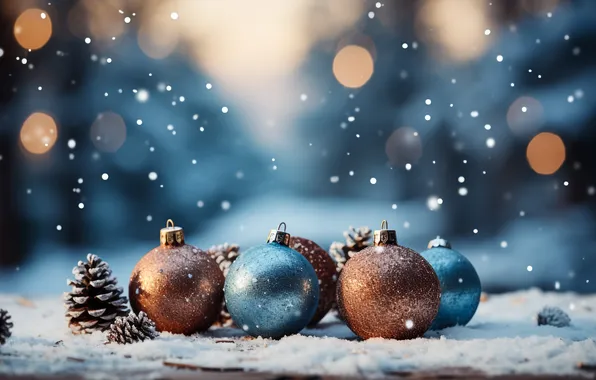 Picture snow, decoration, night, balls, Christmas, New year, Christmas, balls