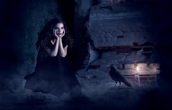Girl, candle, vampire, cave, Raven
