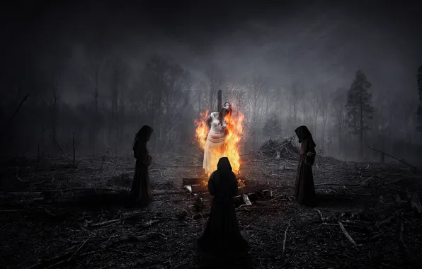 Picture forest, night, people, fire, ritual, witch, three, burns