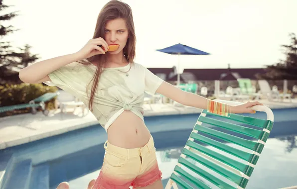 Shorts, long hair, woman, young, beautiful, model, tank top, Mili Margaria