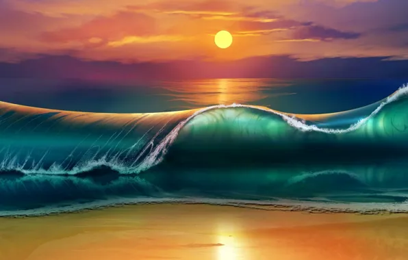 Picture sea, wave, beach, sunset