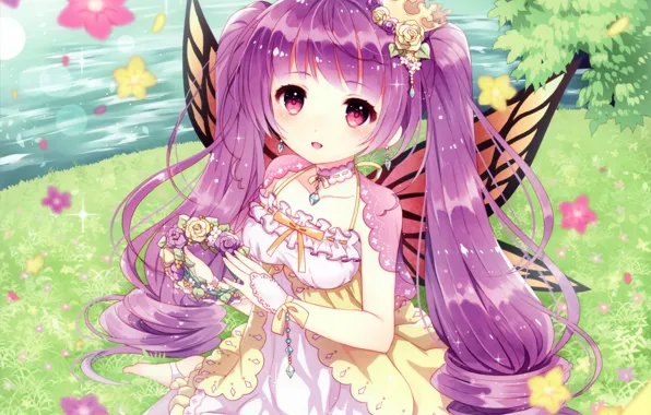Grass, water, flowers, crown, girl, wings, Princess, sorceress
