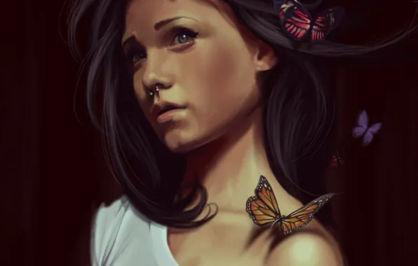 Girl, butterfly, piercing, art