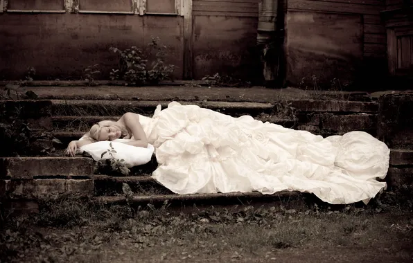 Picture girl, sleep, home, dress, blonde, ladder