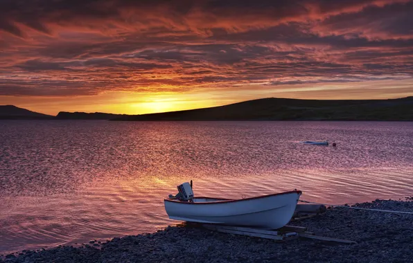 Picture sunset, shore, boat