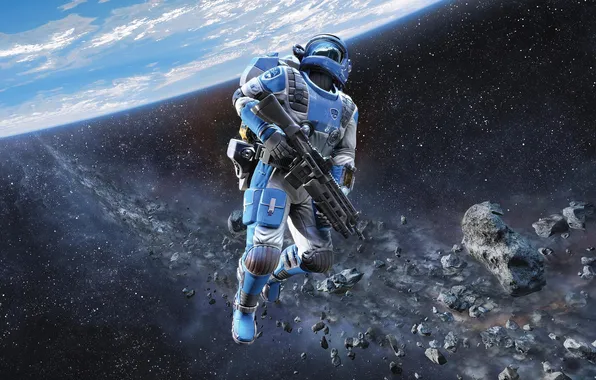 Picture space, planet, the suit, soldiers, belt, rifle, Shattered Horizon, asteroids