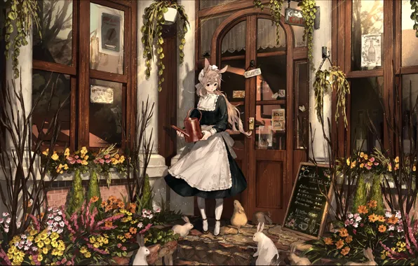 Picture house, plants, the door, girl, cafe, lake, the maid, white rabbits