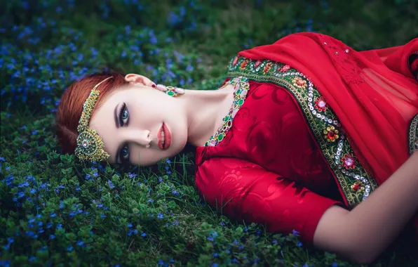 Grass, girl, makeup, lipstick