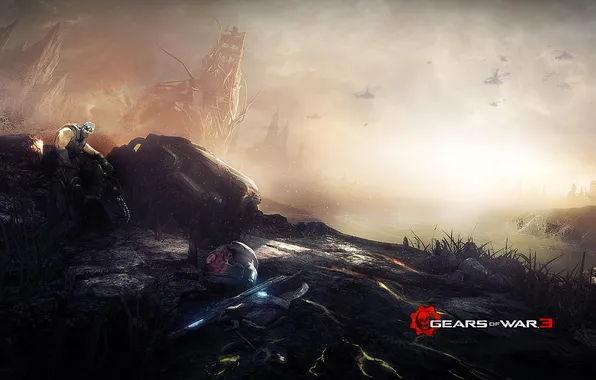 Mountains, fog, people, building, helicopters, Gears of War 3