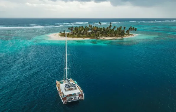Picture palm trees, the ocean, island, yacht, San Blas, dron