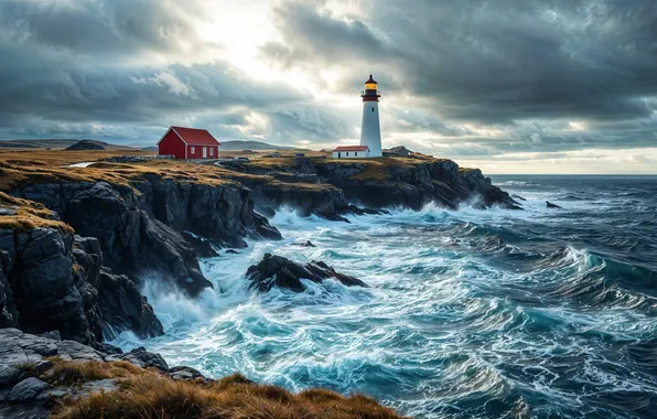 Sea, wave, landscape, clouds, rocks, shore, lighthouse, storm