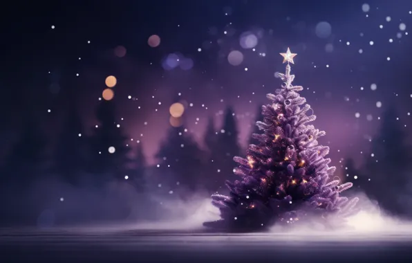 Balls, lights, the dark background, star, Shine, Christmas, purple, New year