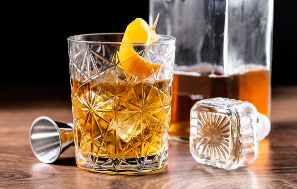 Picture old, orange, wooden, cocktail, table, fashioned, garnished
