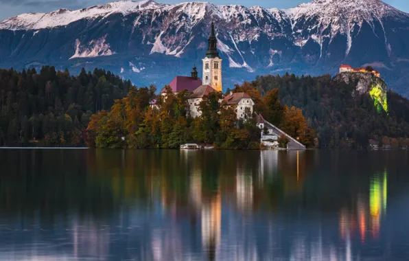 Picture mountains, lake, the monastery, Slovenia, Bled