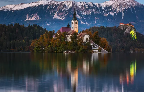 Mountains, lake, the monastery, Slovenia, Bled