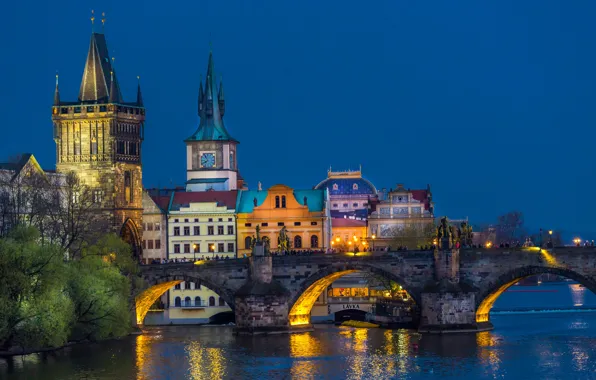 Bridge, lights, river, home, the evening, Prague, Czech Republic, Charles bridge