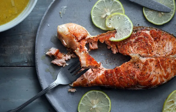 Table, Board, fish, plate, plug, red, lemons, slices