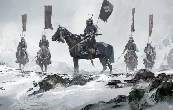 Winter, snow, Asia, Japan, warriors, riders, banners, samurai