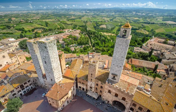 Tower, Italy, panorama, Tuscany, San Gimignano