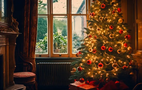 Picture decoration, house, room, balls, tree, interior, New Year, Christmas