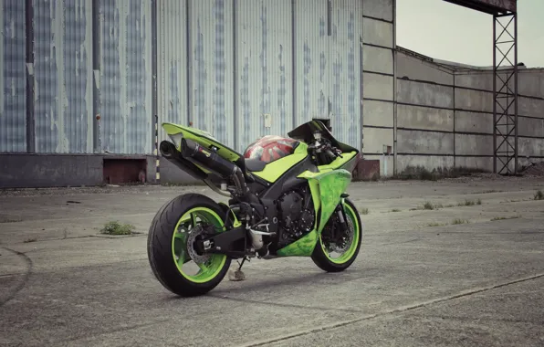 Asphalt, strip, green, motorcycle, green, yamaha, rear view, bike