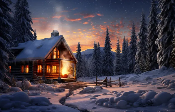 Winter, forest, snow, mountains, night, nature, house, house
