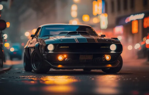 Lights, road, muscle car, street, ai art