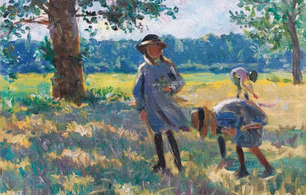 Landscape, children, picture, genre, Henri Lebacq, The Gathering of Flowers
