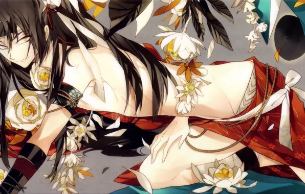 Lotus, lies, guy, long hair, Demons pale cherry, Hakuouki Shinsengumi Kitano, Hijikata Toushirou, bandage on …