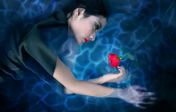 Picture water, girl, rose, art