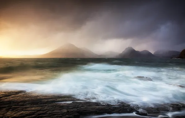 Picture sea, wave, landscape, mountains, storm, dawn, shore