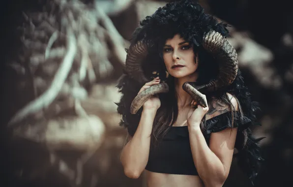 Look, girl, face, woman, portrait, feathers, the demon, horns