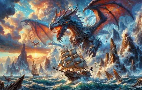 Wave, the ocean, rocks, dragon, ship, sailboat, ships, attack