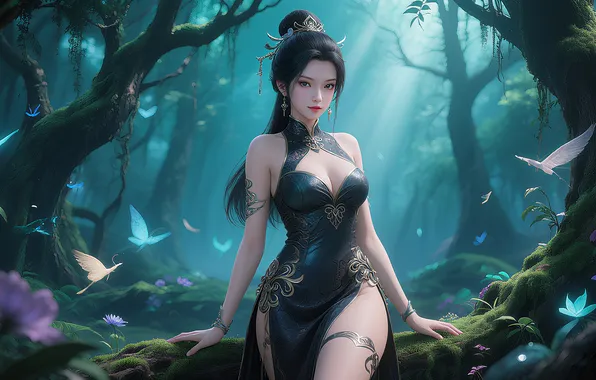 Picture girl, forest, dress, brunette, asian, ai art