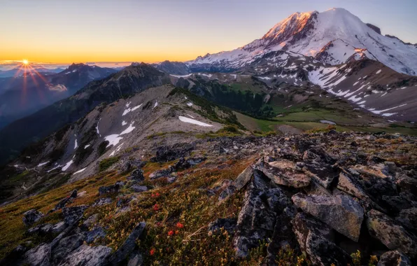 Mountains, stones, dawn, the slopes