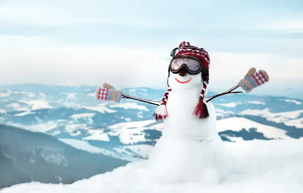 Picture winter, snow, smile, hills, hat, glasses, snowman, mittens