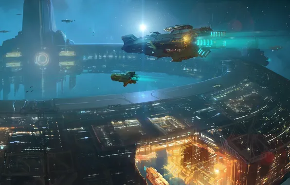 Picture space, stars, lights, space station, transport