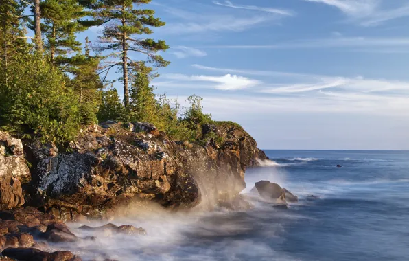 Lake, rocks, coast, Canada, Ontario, pine, Canada, Ontario