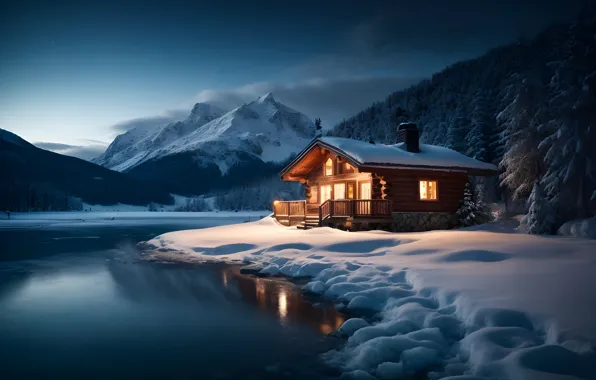Winter, forest, light, snow, mountains, night, house, shore