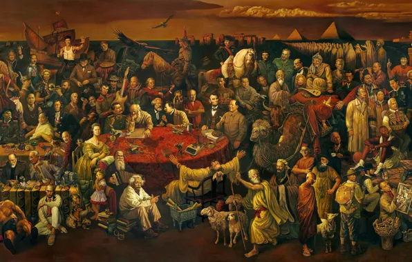Picture Discussing the divine Comedy with Dante, 100 celebrities, large canvas