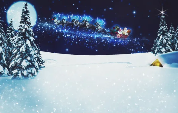 Winter, Night, Snow, The moon, Christmas, New year, Santa Claus, Stars