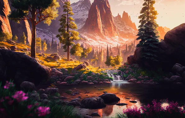 Forest, light, trees, landscape, flowers, mountains, nature, stones