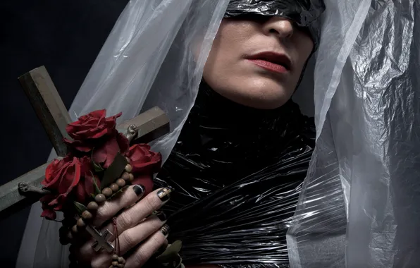 Woman, roses, cross