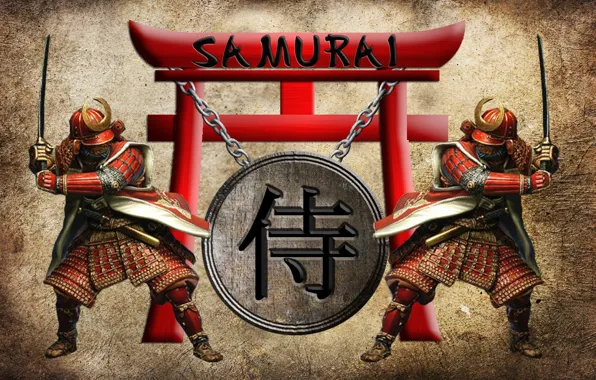 Katana, armor, chain, characters, helmet, two, stand, samurai