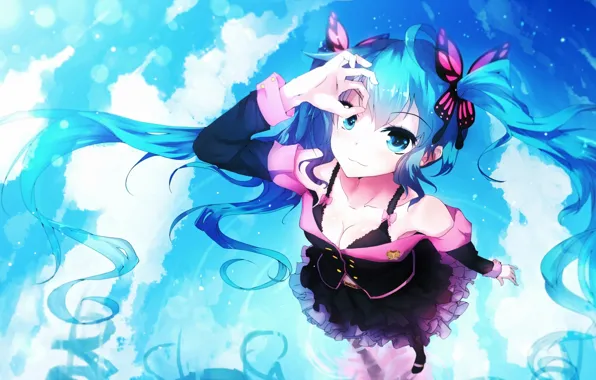 Picture the sky, water, girl, clouds, reflection, anime, art, vocaloid