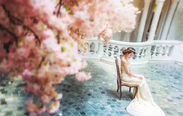 Picture girl, dress, Asian, sitting, the bride