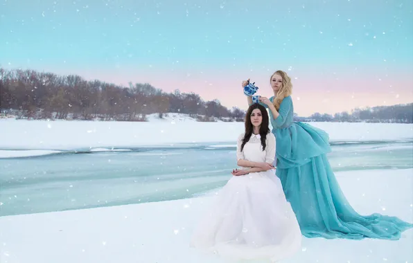 Winter, snow, girls, tea, hair, Cup, twilight, white dress